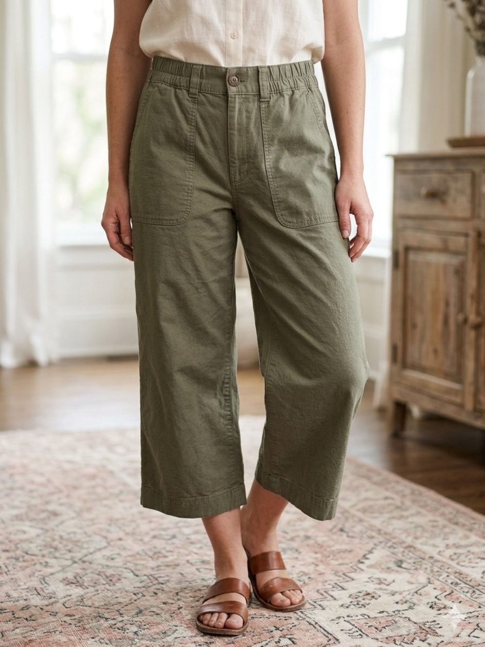 Duluth Trading Co Women’s Olive Cropped Wide-Leg Cotton Hemp Capri Pants size 8